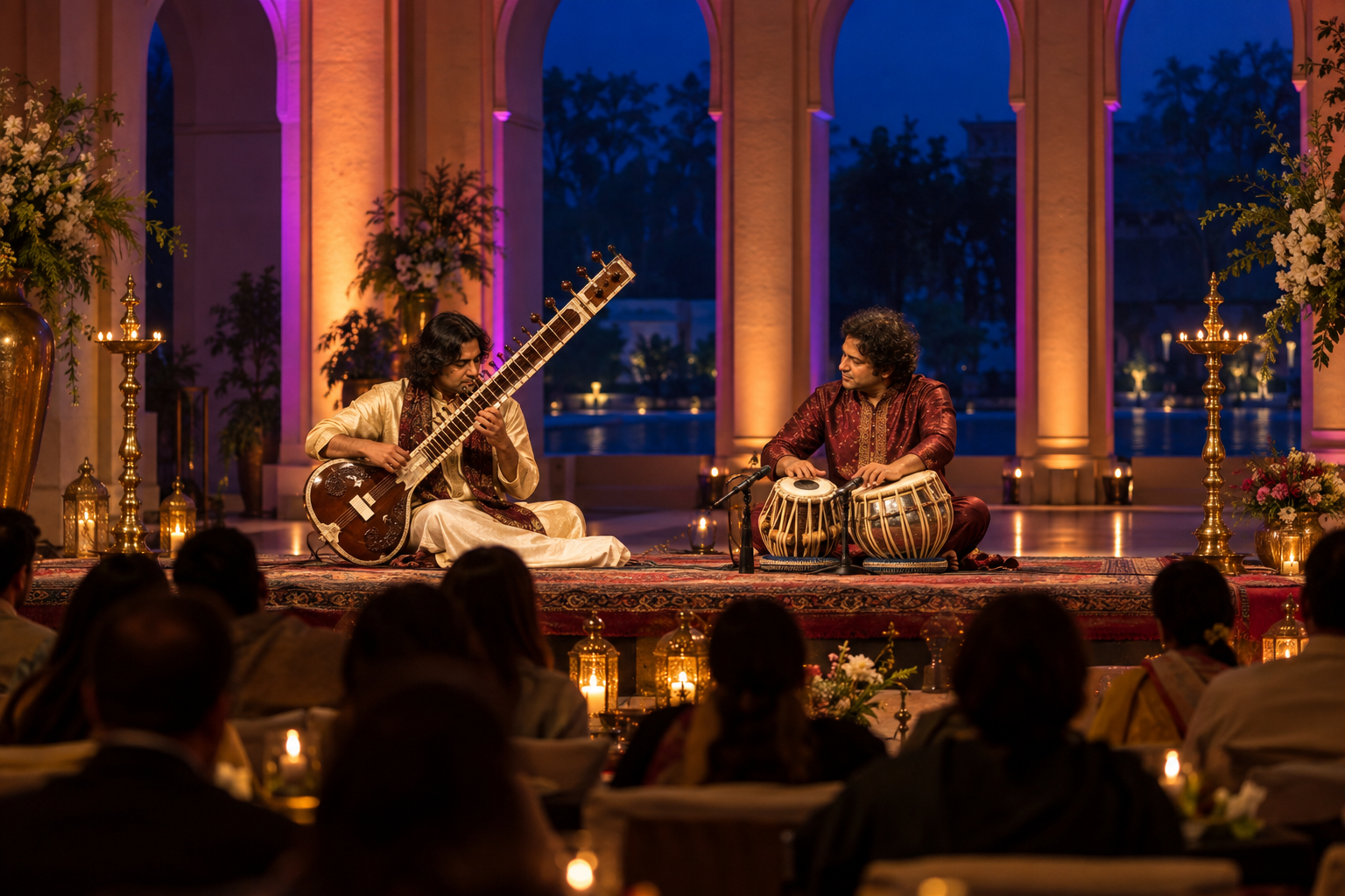 Indian classical musicians on a contemporary architectural concert stage