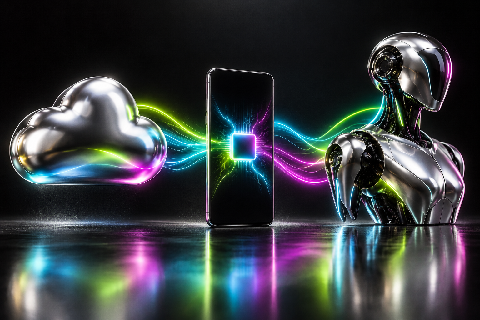 Colorful conceptual AI computing path linking cloud, smartphone and robot