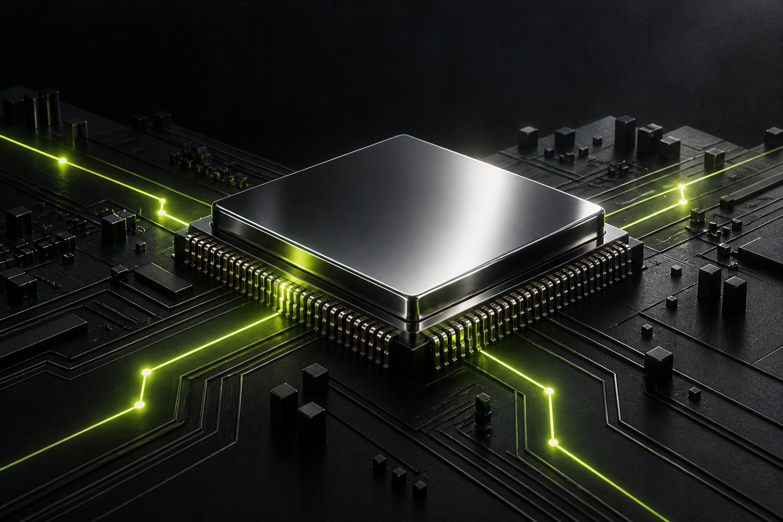 Conceptual chrome semiconductor chip surrounded by lime circuits
