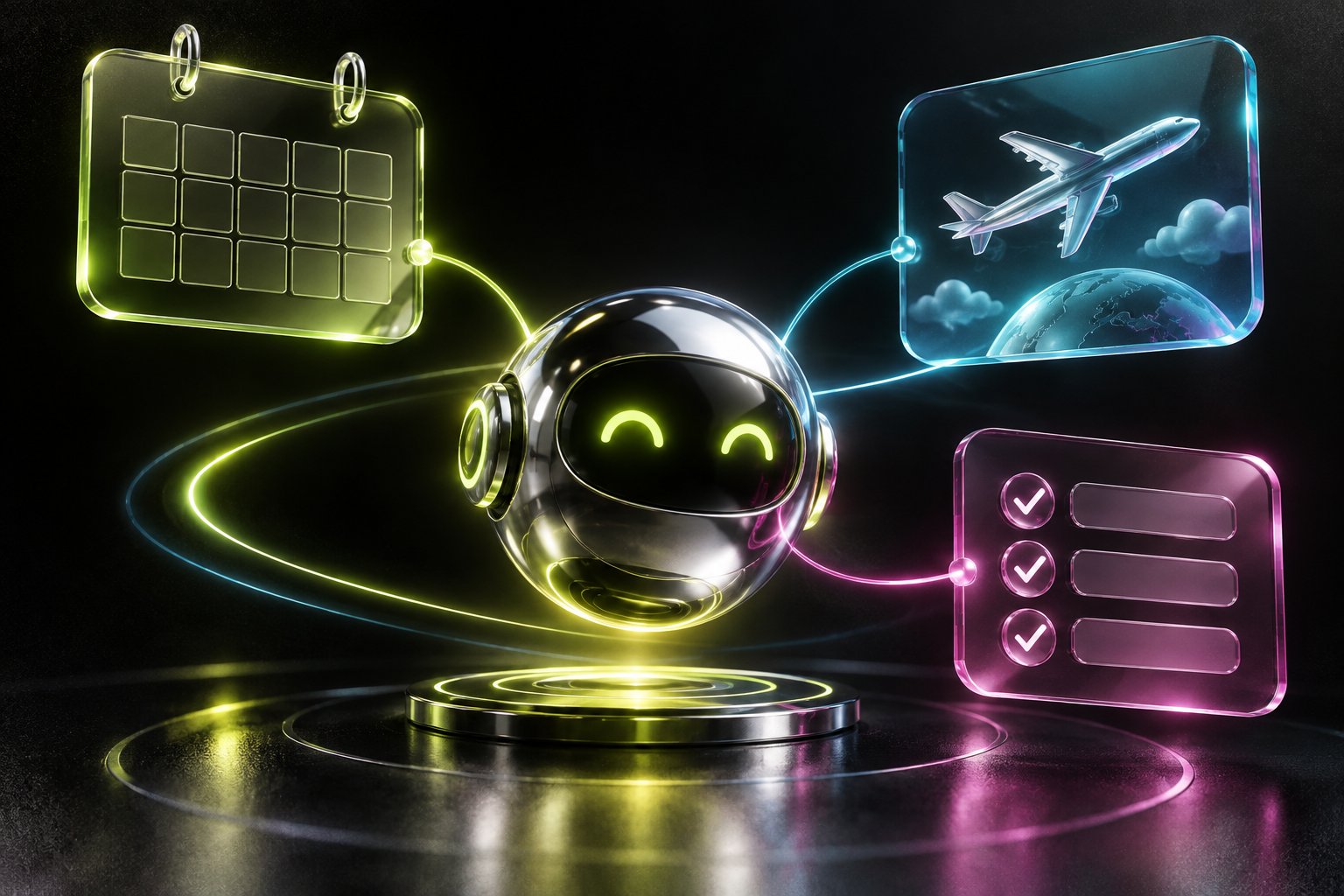 Colorful conceptual personal AI agent coordinating tasks across connected panels