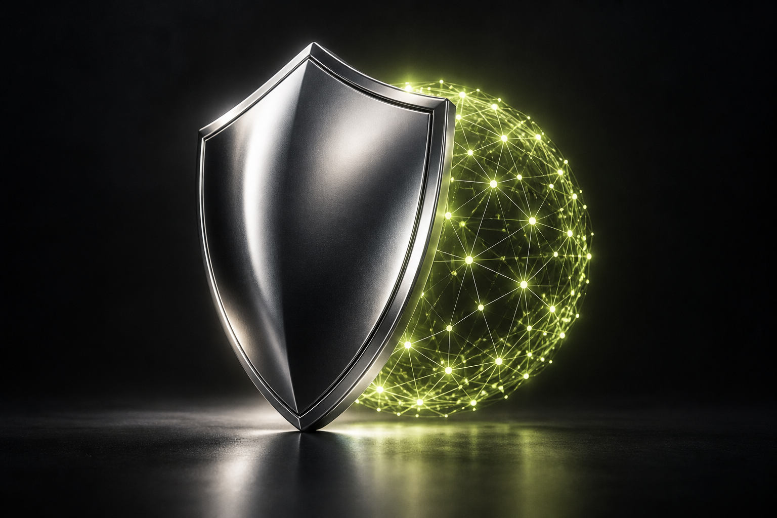 Conceptual metallic shield protecting a glowing digital network