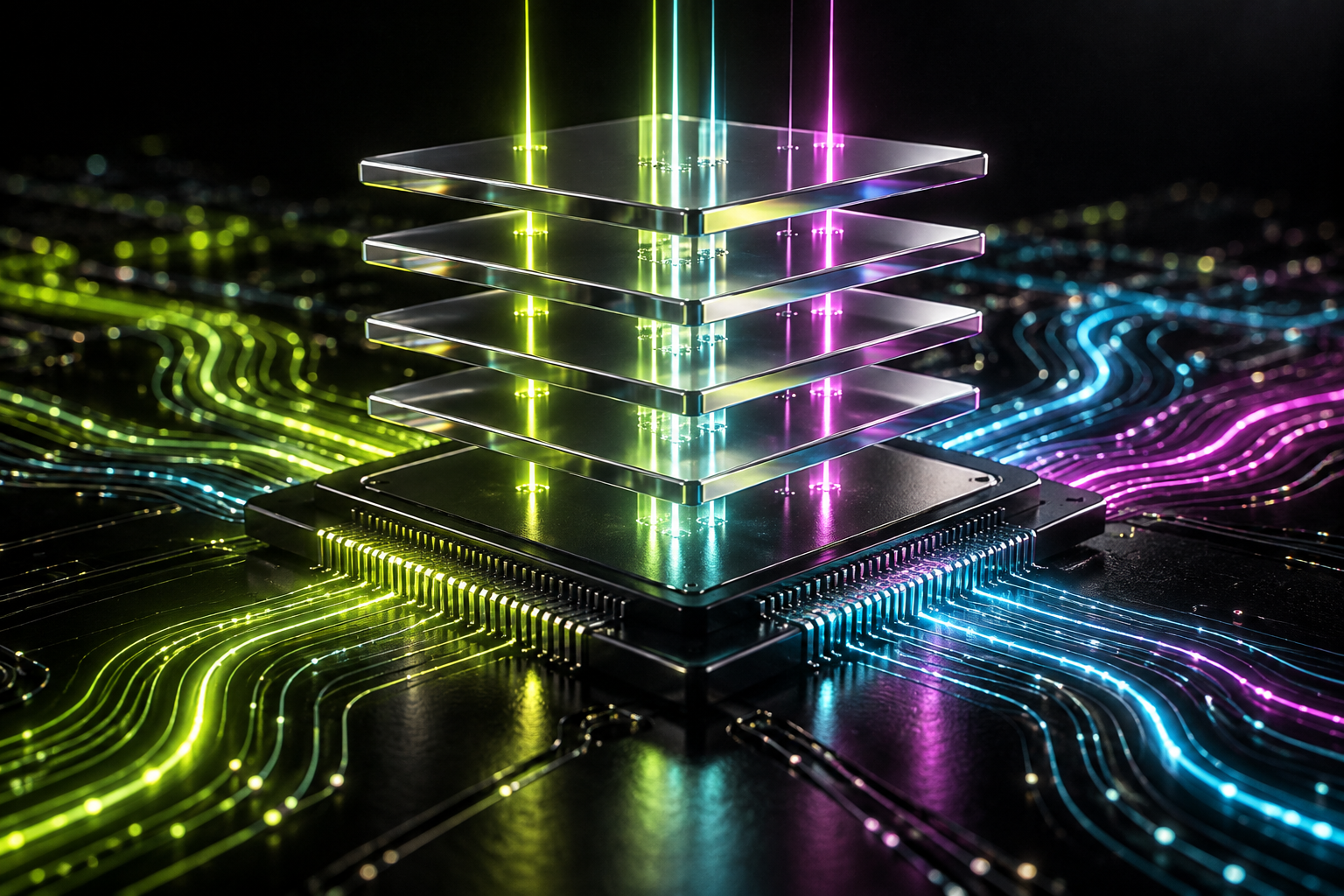 Colorful conceptual stack of advanced memory layers connected by AI data pathways